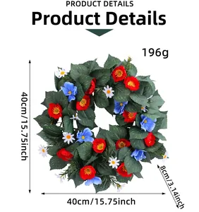 Detailed view of red and blue floral wreath with dimensions 40cm diameter and 8cm thickness