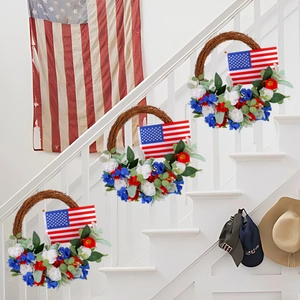 Patriotic Independence Day wreath with American flag on rustic rattan base for decor