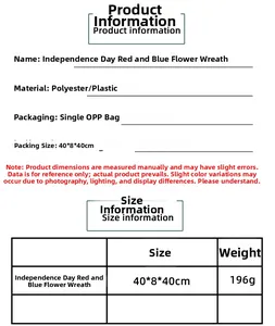 Independence Day wreath size chart showing dimensions 40x8x40cm and 196g weight details