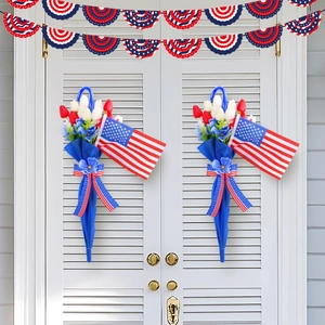 Patriotic umbrella wall hanging with red white tulips and USA flag door decorations