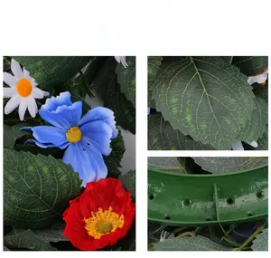 Detail showing artificial red and blue flowers with realistic leaf texture and base