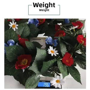 Close-up of red and blue Independence Day wreath on a digital scale weighing 196g