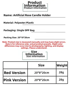 Detailed size chart for artificial rose candle holder with product dimensions and specs