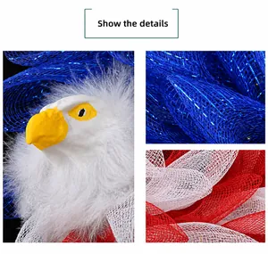 Detail of bald eagle wreath featuring patriotic mesh fabric and feather textures