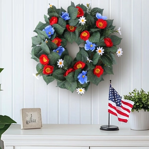 Independence Day Wreath Artificial Flowers Leaves Red Blue White Patriotic Door Wall Hanging Decoration Home Festival