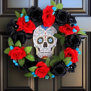 Ghirlanda Halloween Giorno Dei Morti Rosa Rossa Nera Teschio Messicano Arte Popolare Gotica Decorazione Parete Festa