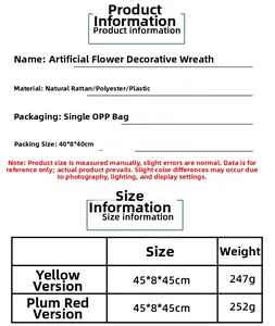 Size chart for artificial spring wreaths showing rattan materials and dimensions