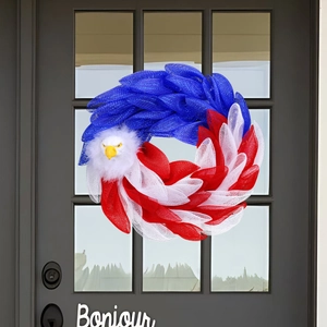 Patriotic Bald Eagle Wreath American Flag Red White Blue Mesh Garland For Independence Day 4th July Front Door Hanging Decor