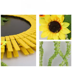 Détails rapprochés de la couronne de tournesol avec pinces en bois et pétales soyeux