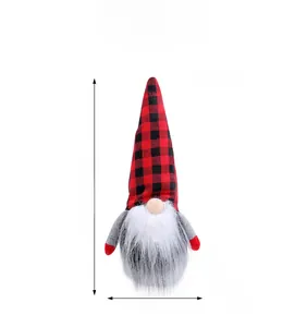 Detailed size chart of Christmas gnome plush toy featuring red black plaid hat dimensions