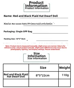 Detailed specifications of the red and black plaid Christmas gnome plush with size dimensions