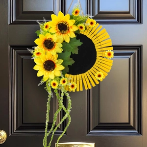 Couronne de Tournesol Artificielle Décoration Murale Rustique Avec Pinces en Bois et Silhouette de Chat Enseigne Flower Market
