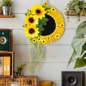 Couronne décorative de tournesols avec pinces en bois pour décoration murale créative