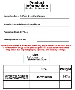 Detaillierte Spezifikationen für den 45 cm Sonnenblumenkranz aus natürlichem Rattan