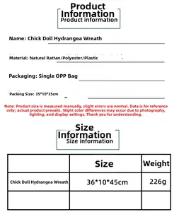 Detailed specifications chart for the chick doll hydrangea and maple leaf fall wreath
