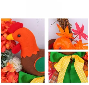 Detail shots of autumn wreath featuring maple leaves, pumpkins and felt rooster elements