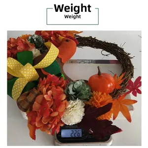 Macro detail of autumn wreath with hydrangea and maple leaves weighing 226 grams