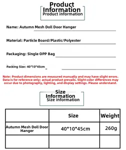 Detailed size specifications and material chart for autumn mesh doll sunflower door hanging