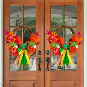 Autumn rooster wreath with maple leaves and pumpkins for Thanksgiving door decoration