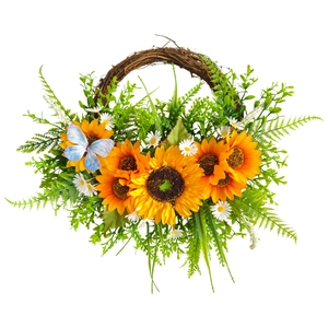 Artificial sunflower wreath with green leaves and blue butterfly on brown rattan ring