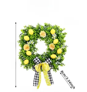 Square artificial lemon wreath detail with dimension labels and checkered bow decor