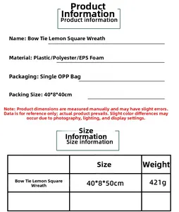 Detailed size specifications and material chart for the lemon square bow knot wreath