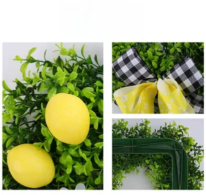 Detail view of lemon wreath showing yellow fruit, checkered bow and back structure