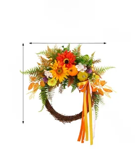 Close-up of artificial sunflower harvest wreath with pumpkin and dimensions 45x40cm