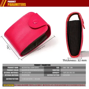 Detailed view of rose red leather card holder with 10 slots and dimensions 105x77x32mm