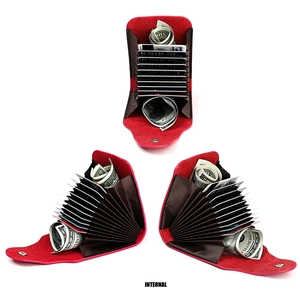 Internal structure of a red leather accordion card holder with multiple slots