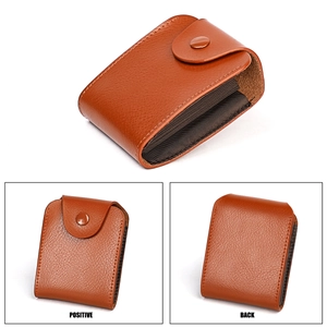 Brown lychee grain leather card holder with snap button showing front and back views