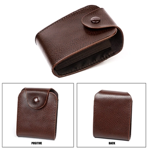 Detail view showing multi-slot dark brown lychee leather card holder with snap button