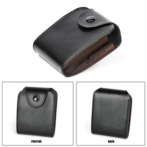 Multiple views of a black litchi grain leather card holder with multi-slot accordion design