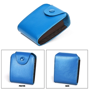 Detailed views of a blue leather accordion card holder with a snap button closure