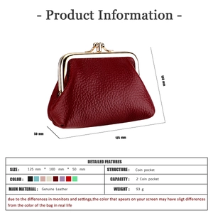 Detail view of red genuine leather coin purse showing dimensions and internal structure