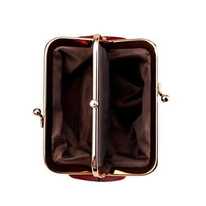 Top view of double-layer interior with rose gold frame in red leather coin purse