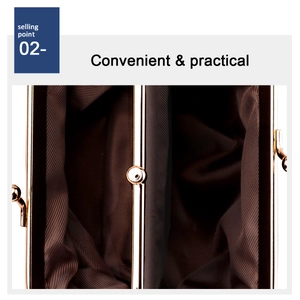 Detail of multi-layer interior lining and rose gold metal frame on the coin purse