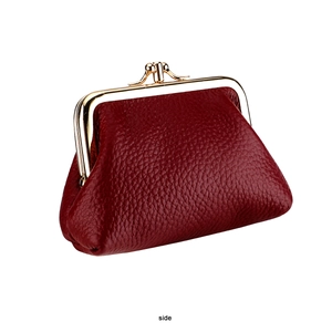 Side view of dark red lychee texture leather coin purse with golden metal clasp