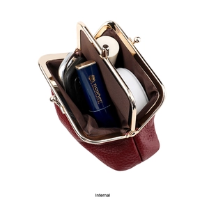 Internal view of burgundy leather coin purse showing storage for lipstick and keys