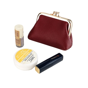 Retro Genuine Leather Coin Purse Double Layer Lychee Pattern Kiss-Lock Wallet For Women Small Handbag Daily Storage Pouch