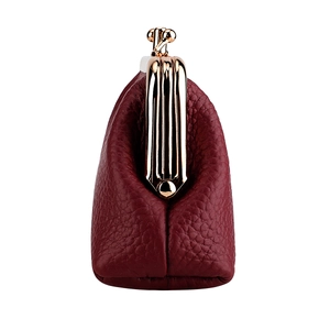 Burgundy genuine leather kiss-lock coin purse with lychee texture and gold metal frame