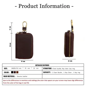 Size chart showing dimensions 146x70x33mm for genuine leather car key case holder