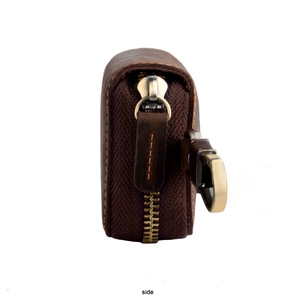 Side view of dark brown crazy horse leather car key case with metal zipper closure