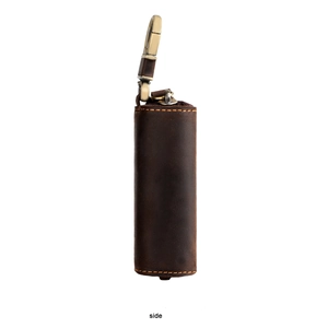 Side view of brown crazy horse leather car key case with vintage metal hook and zipper