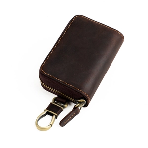 Vintage brown crazy horse leather car key case with brass swivel hook and zipper closure