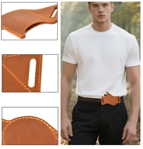 Macro view of brown leather knife sheath showing heavy-duty stitching and belt loop