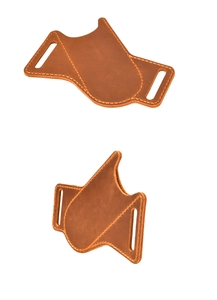 Detail of brown crazy horse leather EDC knife sheath with durable double stitching