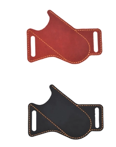Detail of crazy horse leather EDC knife sheaths with durable orange hand-stitching