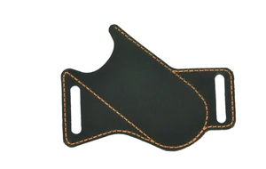 Detail of crazy horse leather folding knife pouch with orange stitching for EDC gear