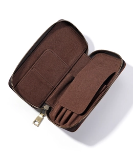 Detail view of brown crazy horse leather pen case with zipper and velvet lining
